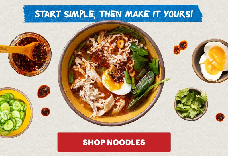 Header: NATIONAL RAMEN DAY Sub-header: Get a free pair of chopsticks ($10 value) with any order — now through 4/5. No code needed, gift applied at checkout. CTA: SHOP NOODLES