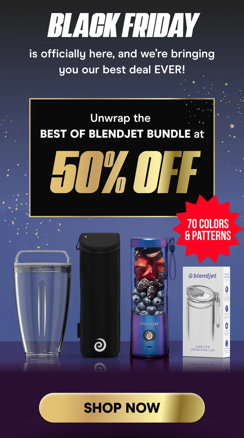 Black Friday is officially here, and we’re bringing you our best deal EVER!  Unwrap the Best of BlendJet Bundle featuring BlendJet 2, Orbiter Drinking Lid, XL 32 OZ Jar, and Insulated Sleeve at 50% OFF!