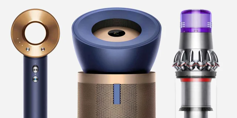 A selection of Dyson machines, including air purifiers, cordless vacuums and hair styling devices.