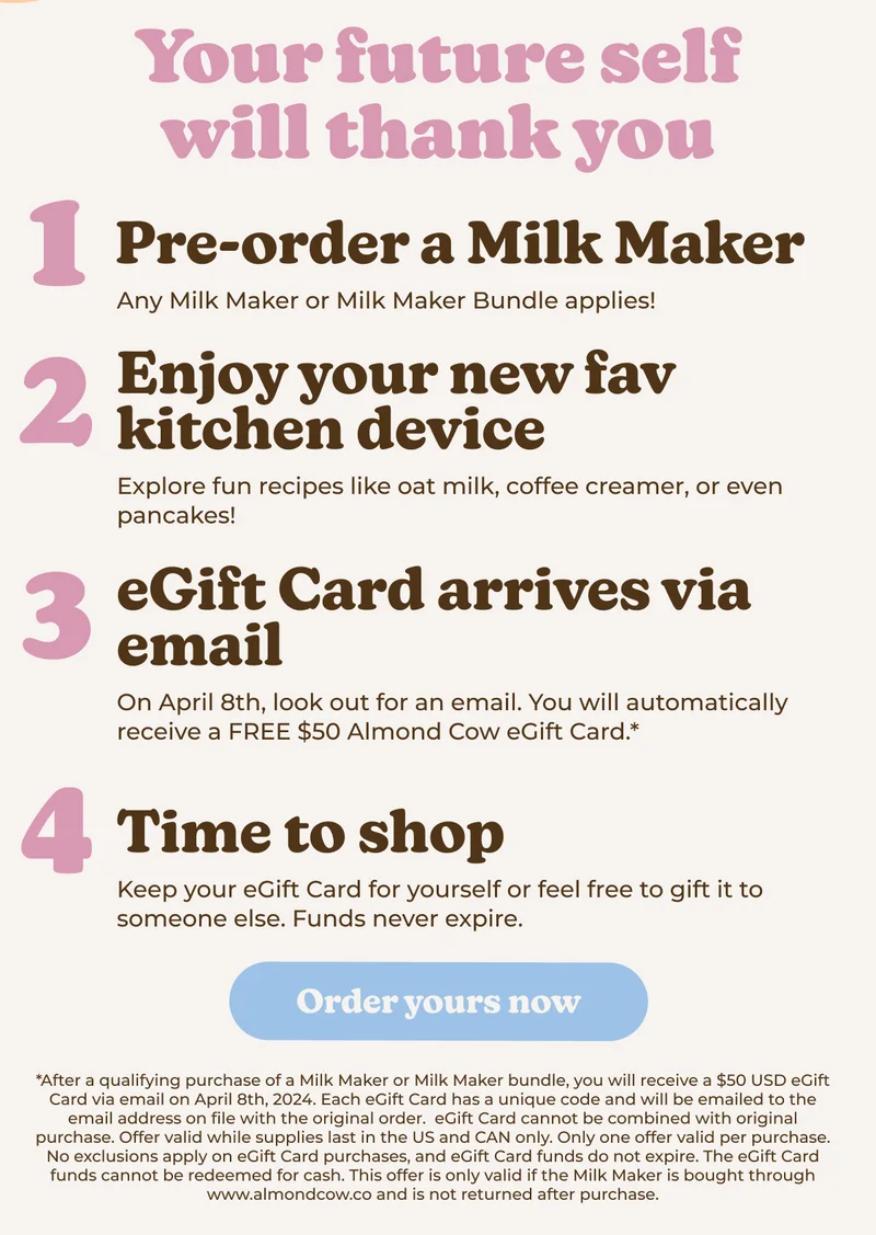 Free $50 eGift Card with any purchase of a Milk Maker!