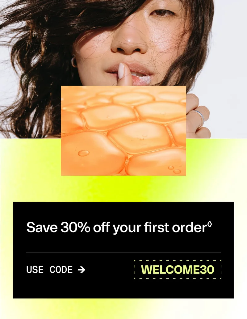 “Save 30% off your first order. USE CODE: WELCOME30.” Lime green promotional banner.