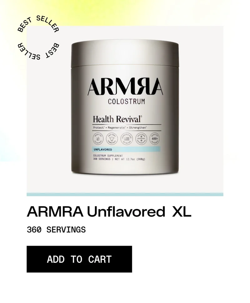 “ARMRA Colostrum Health Revival. Unflavored. 360 servings. ADD TO CART.” Product jar shown.