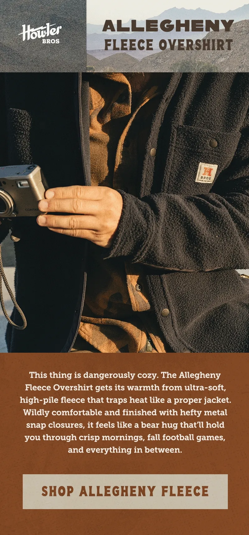 This thing is dangerously cozy. The Allegheny Fleece Overshirt gets its warmth from ultra-soft, high-pile fleece that traps heat like a proper jacket. Wildly comfortable and finished with hefty metal snap closures, it feels like a bear hug that’ll hold you through crisp mornings, fall football games, and everything in between.