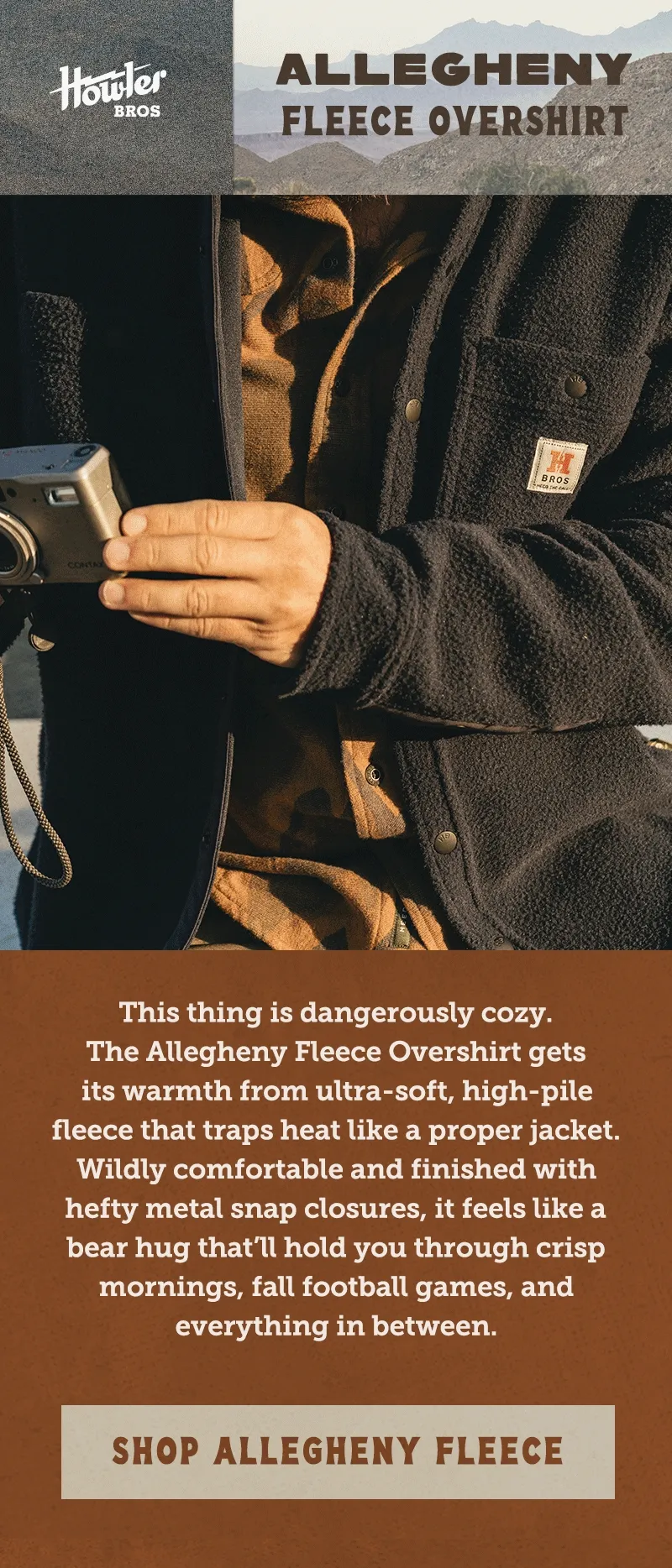 This thing is dangerously cozy. The Allegheny Fleece Overshirt gets its warmth from ultra-soft, high-pile fleece that traps heat like a proper jacket. Wildly comfortable and finished with hefty metal snap closures, it feels like a bear hug that’ll hold you through crisp mornings, fall football games, and everything in between.