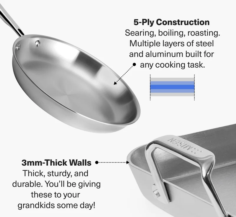 5-Ply Construction Searing, boiling, roasting. Multiple layers of steel and aluminum built for any cooking task. 3mm-Thick Walls Thick, sturdy, and durable. You’ll be giving these to your grandkids some day!