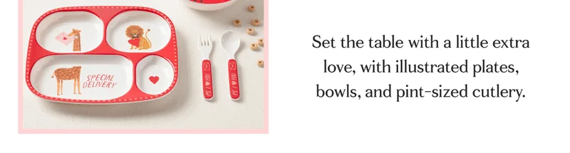 Set the table with a little extra love, with illustrated plates, bowls, and pint-sized cutlery.