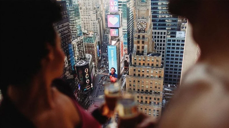 Image description: Aerial view of New York’s Times Square from hotel room.