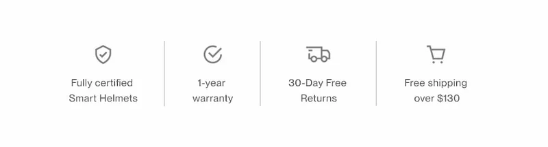 UNIT 1 trust icons showing certified smart helmets, 1-year warranty, free returns, and shipping.