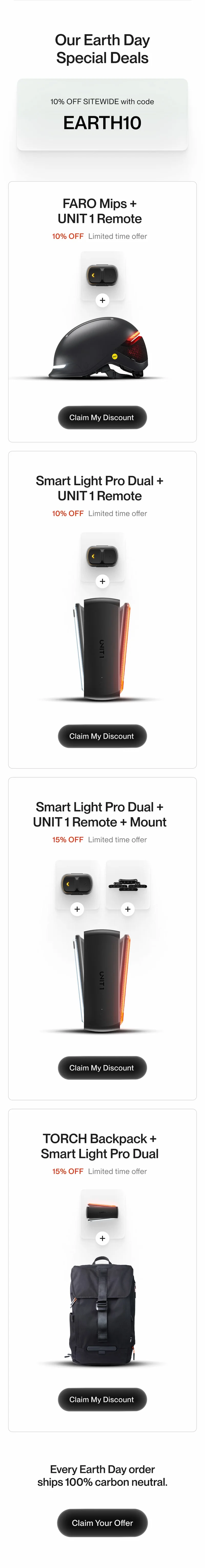 Earth Day special deals featuring UNIT 1 helmets, smart lights, remotes and bundles.
