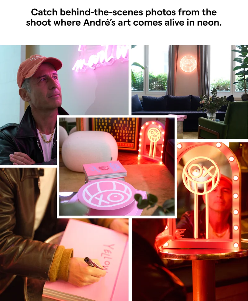 Catch behind-the-scenes photos from the shoot where André’s art comes alive in neon.