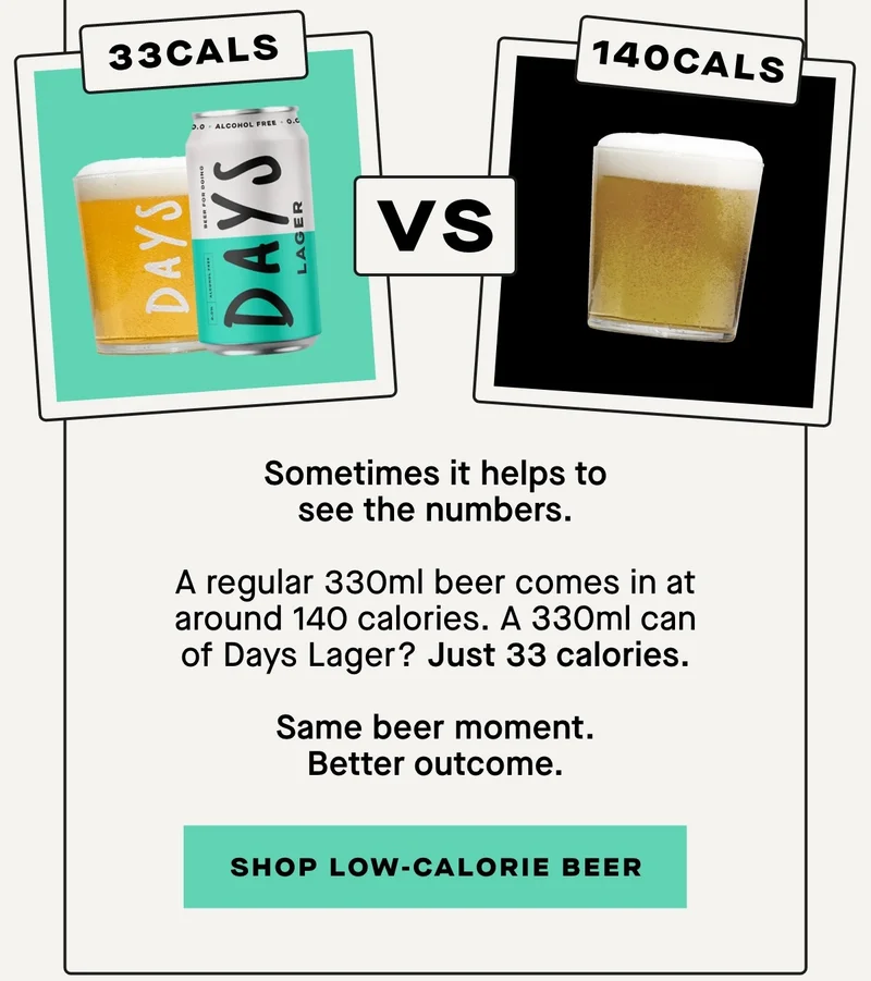 Sometimes it helps to see the numbers.  A regular 330ml beer comes in at around 140 calories.  A 330ml can of Days Lager? Just 33 calories.  Same beer moment. Better outcome.