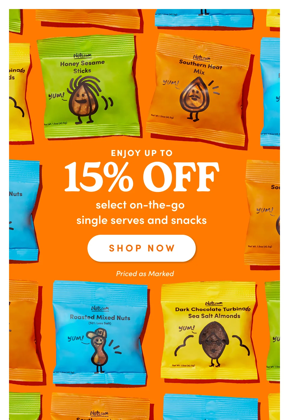 Nuts.com; Enjoy Up to 15% OFF select on-the-go  single serves and snacks SHOP NOW