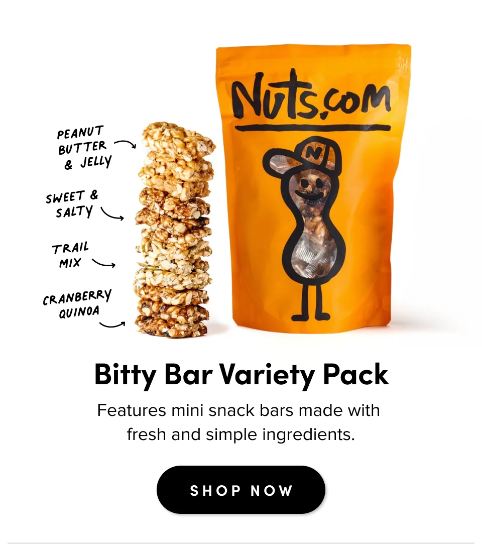 Bitty Bar Variety Pack; Features mini snacks bars made with fresh and simple ingredients; Shop Now