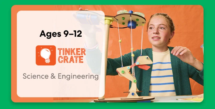 Boy building an engineering project from KiwiCo Labs, suitable for ages 9–11. Perfect for exploring engineering concepts.