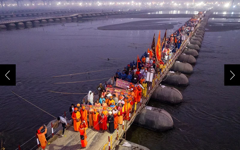 Thirteen groups of holy men called Akharas, religious orders that trace their history to the 6th century, 
parade across the Ganges River on pontoon bridges, and through the center of the festival grounds. Their spiritual leadership is central to the Kumbh Mela.