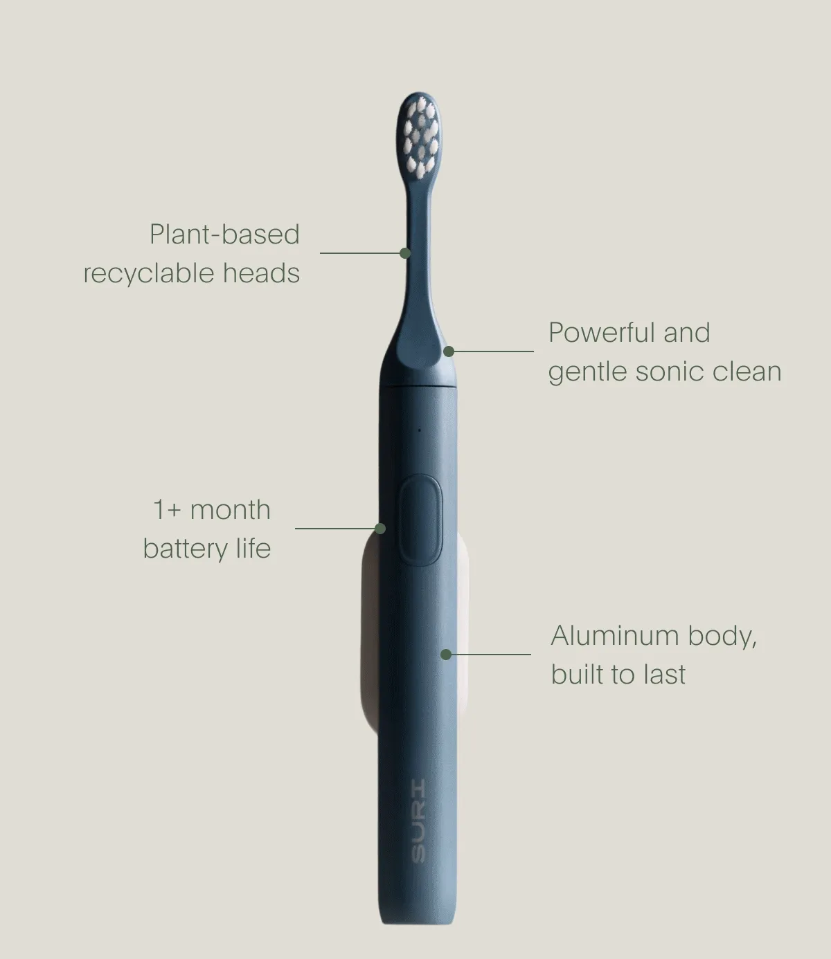 plant-based recyclable heads // powerful and gentle sonic clean // 1+ month battery life // aluminium body, built to last