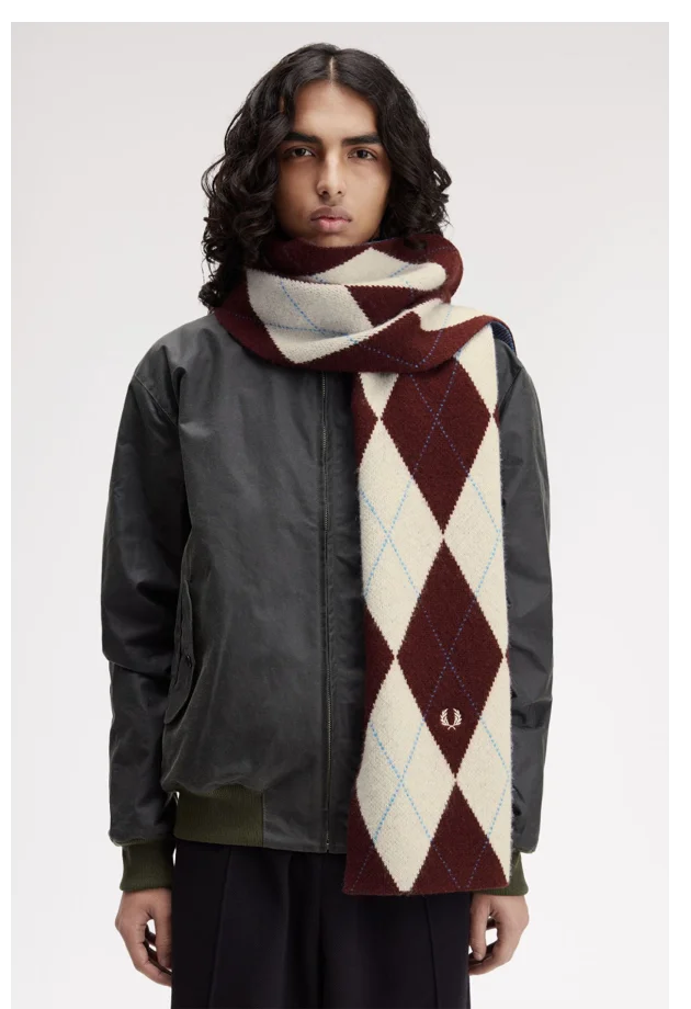 Male model wearing a Fred Perry Brushed Argyle Scarf in Ecru
