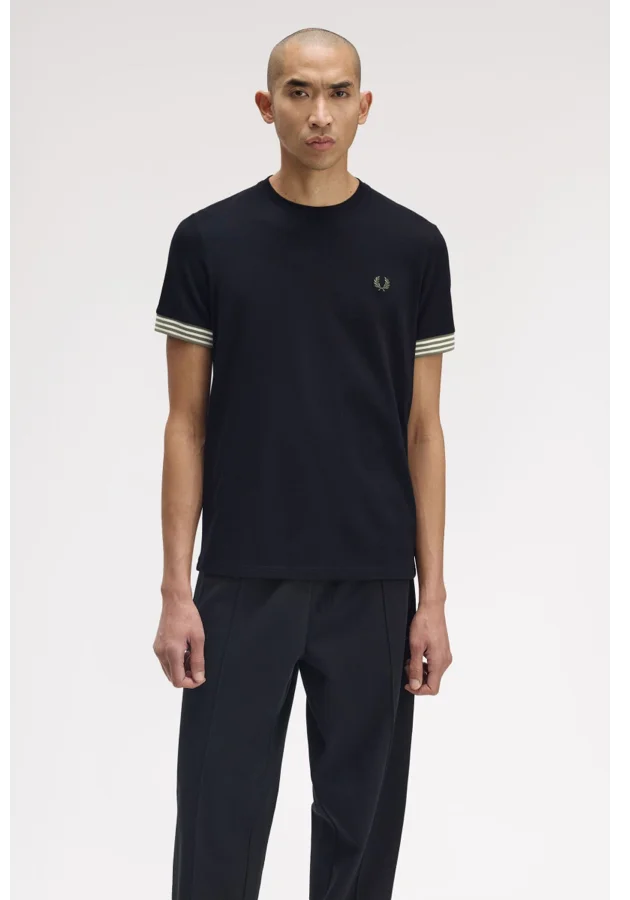 Male model wearing a Fred Perry Striped Cuff T-Shirt in Black