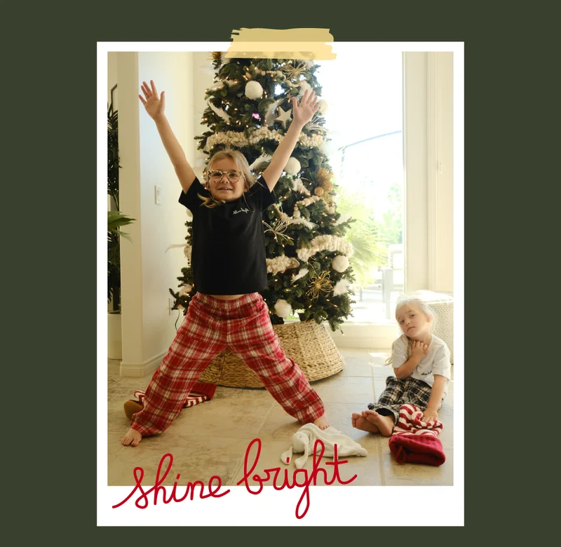 polaroids of 2 sisters wearing plaid pajamas in front of a christmas tree