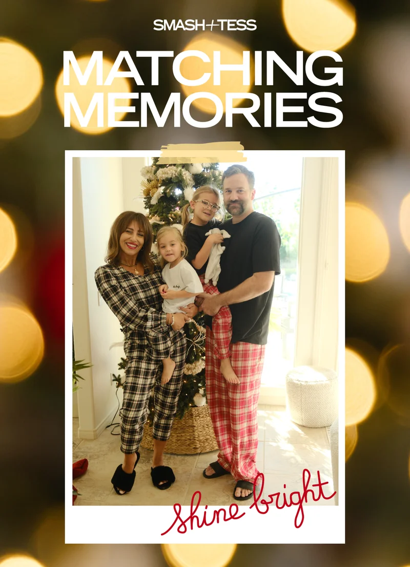 family wearing plaid pjs in front of a tree with caption 'matching memories'