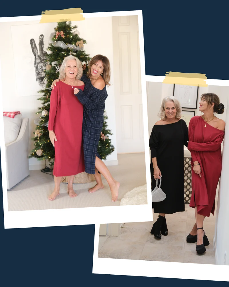 polaroids of mother and daughter wearing red and plaid midi dresses in front of christmas tree