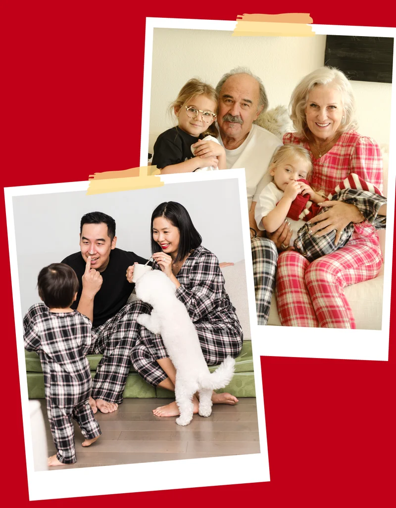 2 polaroids of families wearing plaid pajamas