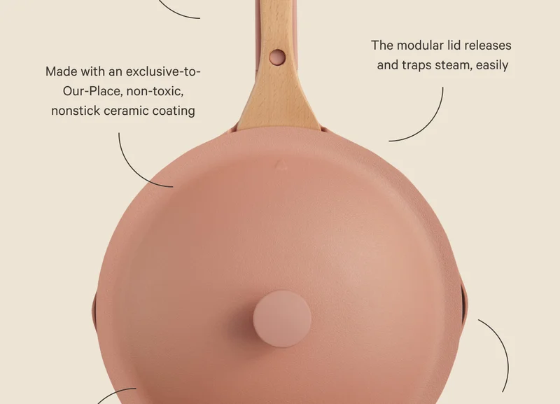 Made with an exclusive-to-Our-Place, non-toxic nonstick ceramic coating. - The modular lid releases and traps steam, easily