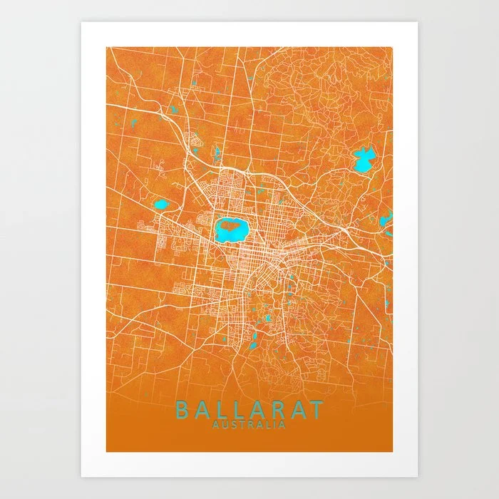 Ballarat, VIC, Australia, Gold, Blue, City, Map Art Print Art Print