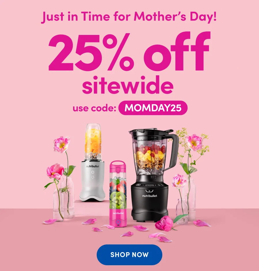 Picture of the nutibullet Ultra, SmartSense Blender, and Portable Blender surrounded with roses in a clear vase and rose petals to commemorate Mother’s Day.