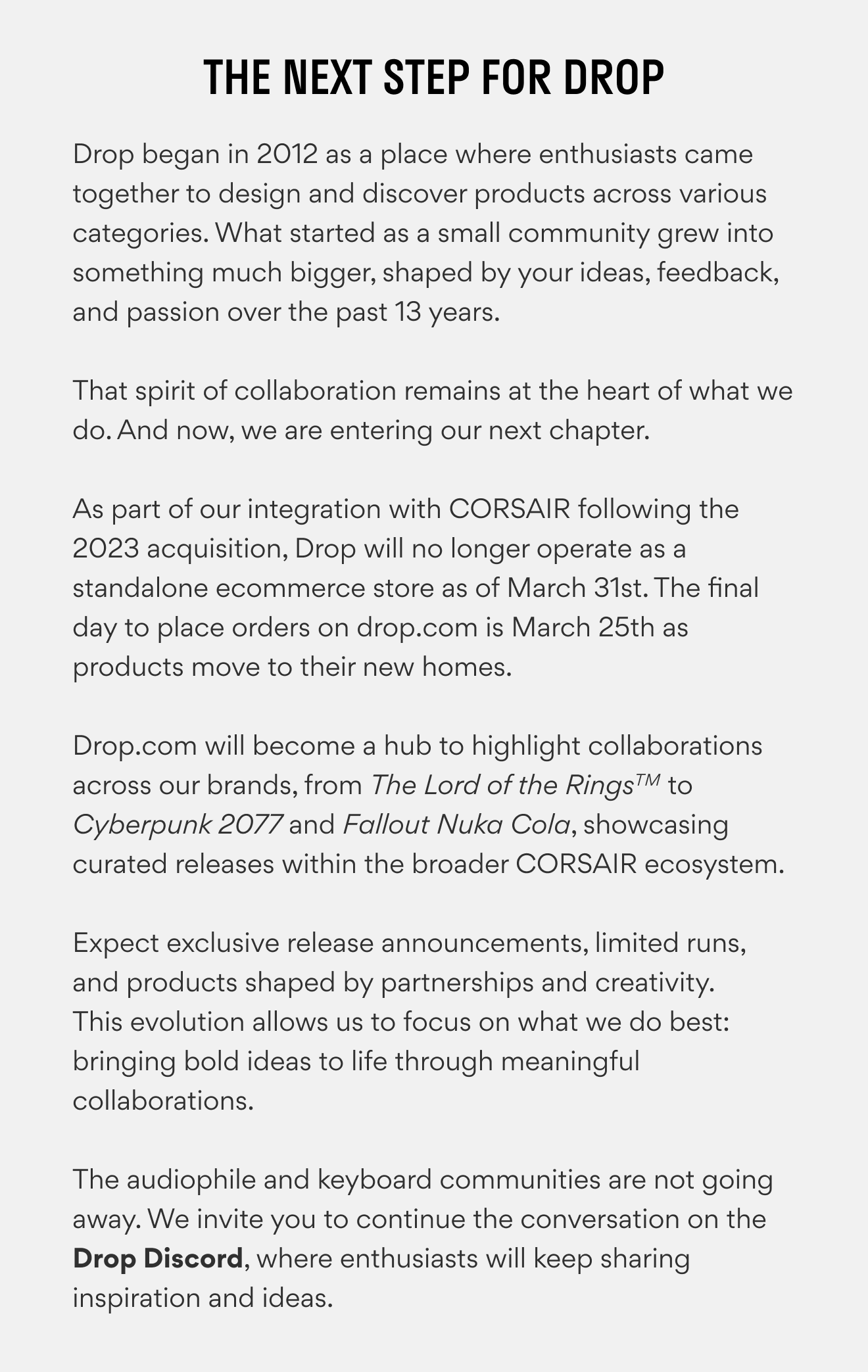 A Message to the Drop Community A Message to the Drop Community