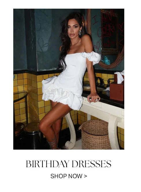 Stylish woman in white off-shoulder ruffled mini dress. Perfect birthday dress.