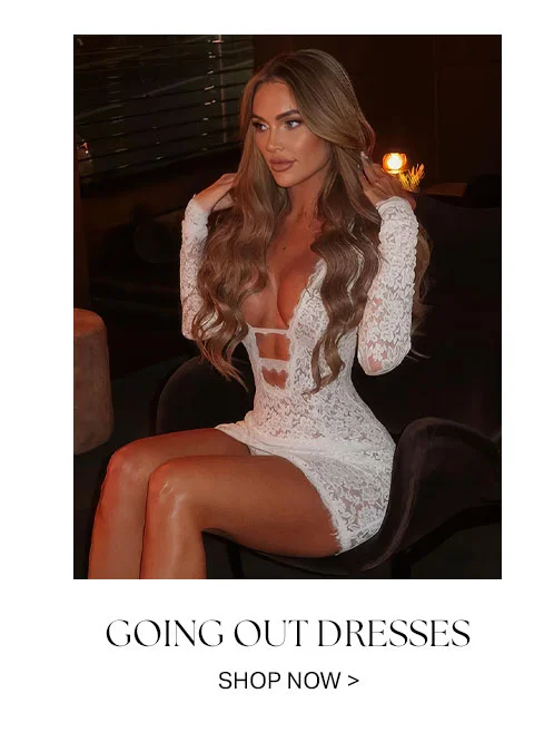 Woman models white lace deep V-neck cutout mini dress. Shop trendy going out, party, and club dresses for women.