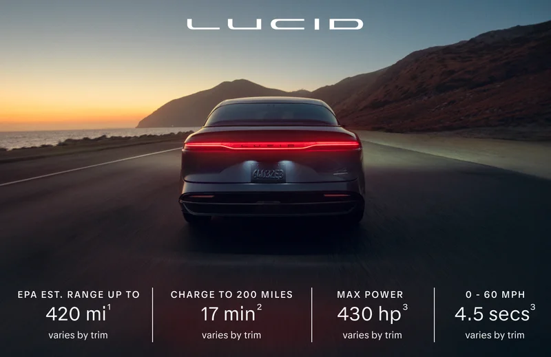 Lucid Motors | EPA est. range up to 420 mi(1) varies by trim | Charge up to 200 miles 17 min(2) varies by trim | Max power 430 hp (3) varies by trim | 0-60 MPH 4.5 secs(3) varies by trim