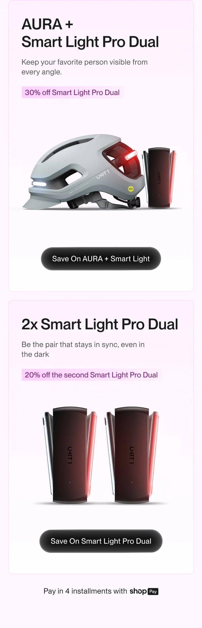 Valentine’s lighting bundles: AURA + Smart Light Pro Dual (30% off Smart Light Pro Dual) and 2x Smart Light Pro Dual (20% off the second), plus ‘Pay in 4 installments with Shop Pay’.