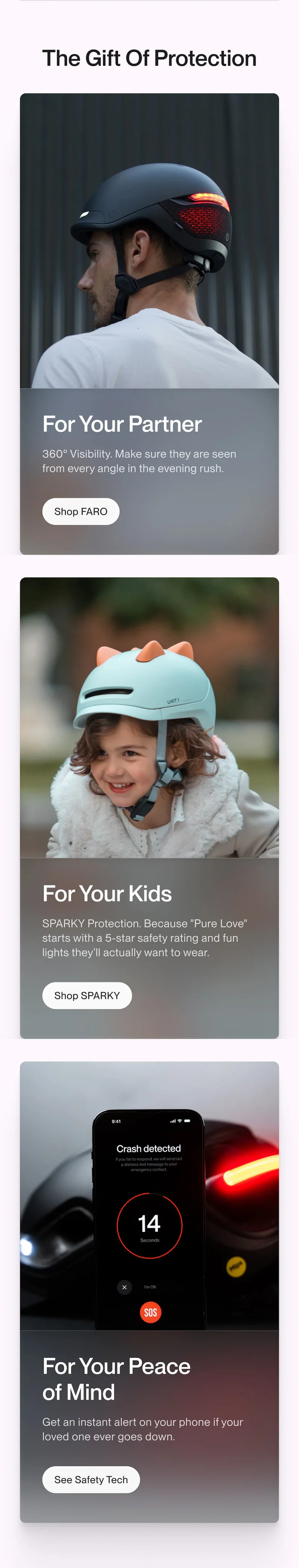 Three product tiles: For Your Partner (Shop FARO), For Your Kids (Shop SPARKY), and For Your Peace of Mind (See Safety Tech) with helmet and app imagery.