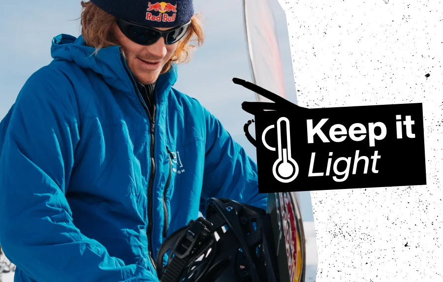 Burton rider, Brock Crouch, wearing the [ak] Helium Stretch Insulated Jacket with the text 'Keep it Light'.