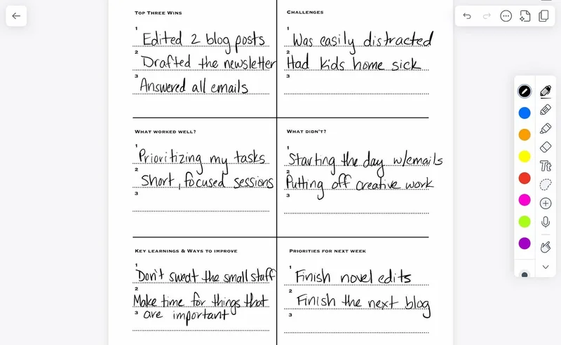 A weekly review in Notability with top three wins, challenges, what worked well, what didn’t, key learnings, and priorities for next week.