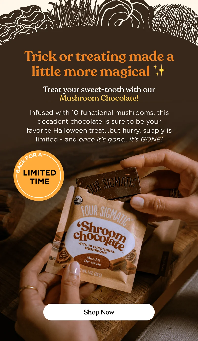 Trick or treating made a little more magical ✨ | Treat your sweet-tooth with our Mushroom Chocolate! | Infused with 10 functional mushrooms, this decadent chocolate is sure to be your favorite Halloween treat…but hurry, supply is limited - and once it’s gone...it’s GONE! | Back for a limited time | Shop Now