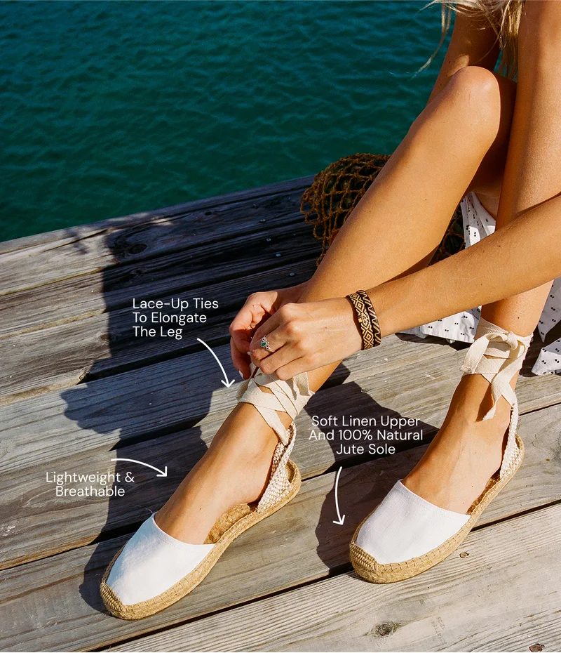 Lace-up ties to elongate the leg. Soft Linen Upper and 100% natural jute sole. Lightweight & breathable