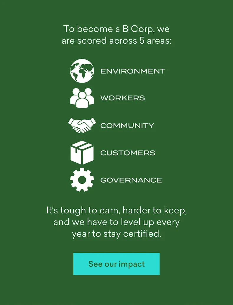 To become a B Corp, we are scored across 5 areas: