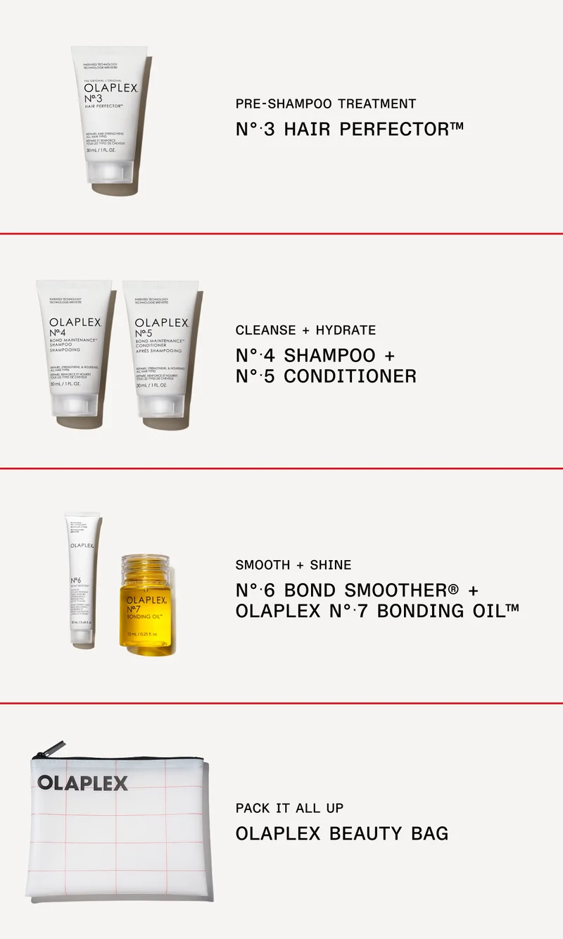 No.3 Hair Perfector | No.4 Shampoo + No.5 Conditioner | No.6 Bond Smoother + OLAPLEX No.7 Bonding Oil | OLAPLEX Beauty Bag
