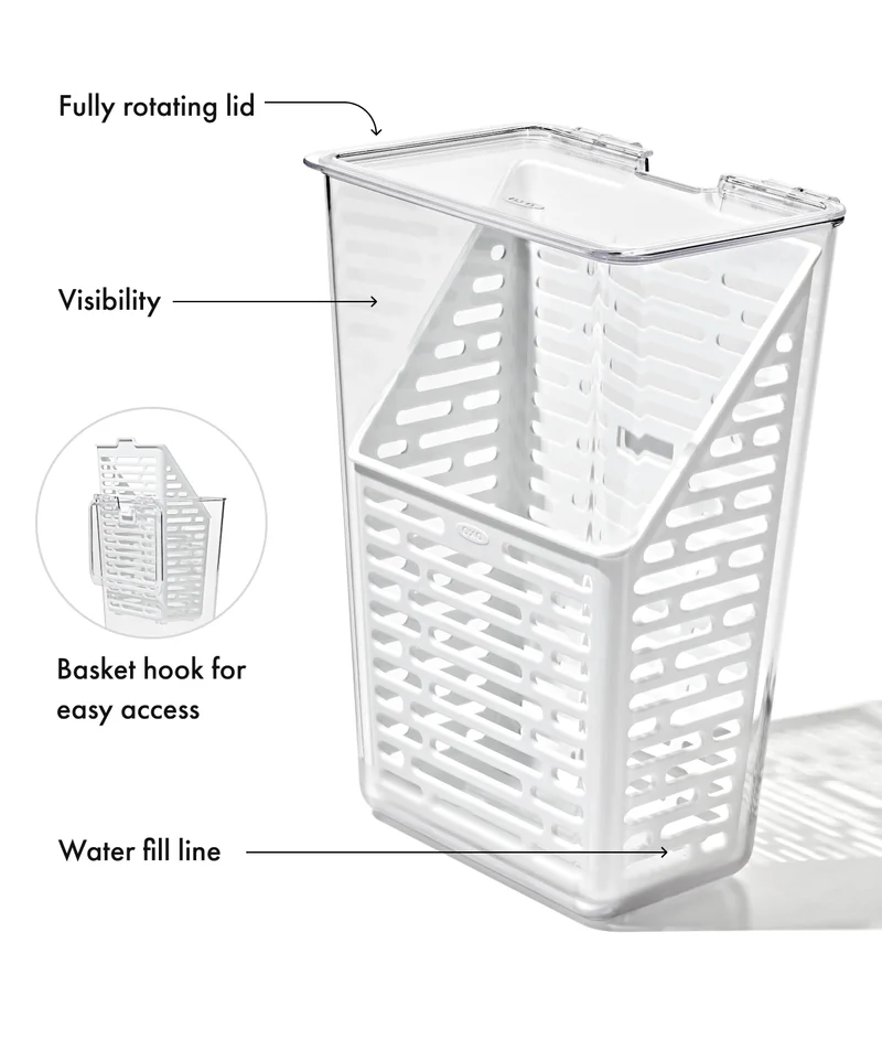 Fully rotating lid. Visibility. Basket hook for easy access. Water fill line.