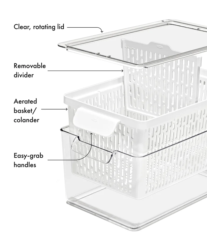Clear rotating lid. Removable divider. Aerated basket/colander.