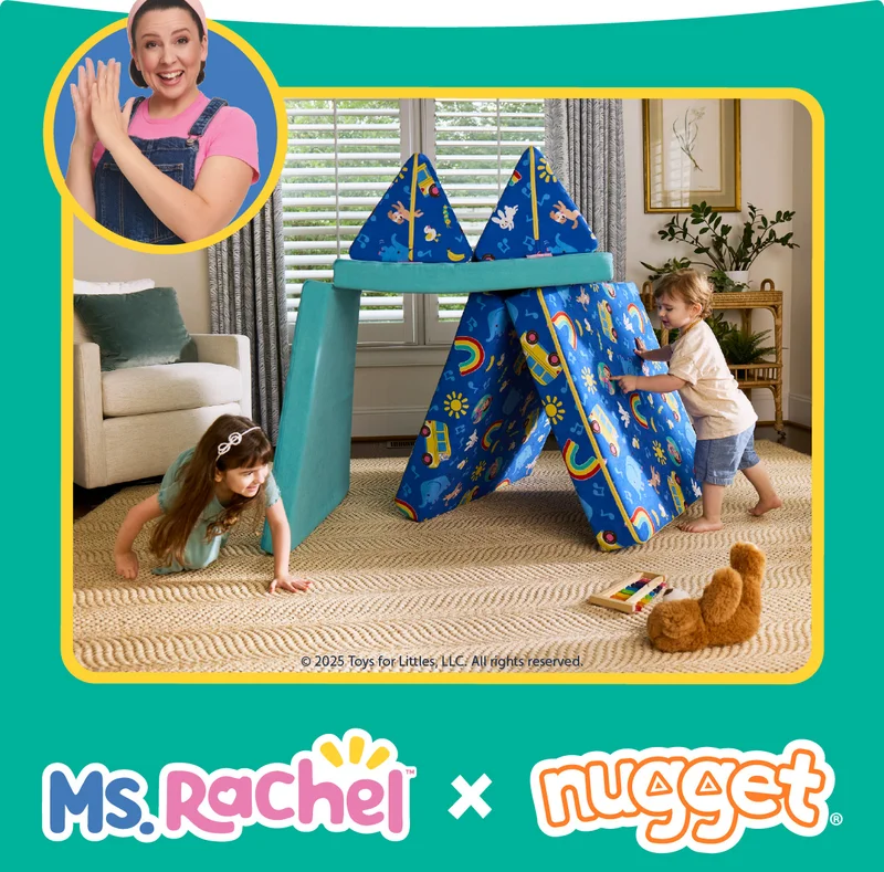 Two children play in a fort made from the new Ms. Rachel Nugget.