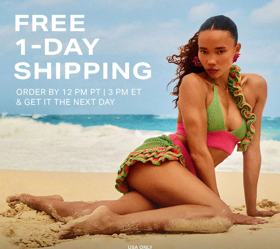 Woman in vibrant pink and green crochet bikini on a beach, promoting FREE 1-DAY SHIPPING on trending swimwear. Order by 12 PM PT.