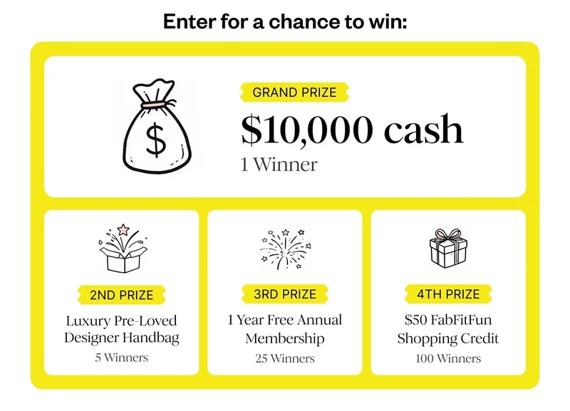 Enter for a chance to win: | GRAND PRIZE $10,000 cash 1 Winner | 2ND PRIZE Luxury Pre-Loved Designer Handbag 5 Winners | 3RD PRIZE 1 Year Free Annual Membership 25 Winners | 4TH PRIZE $50 FabFitFun Shopping Credit 100 Winners