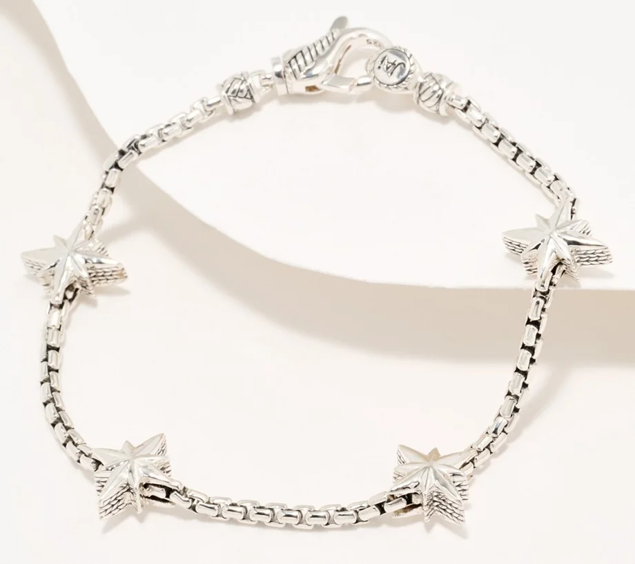 JAI Sterling Silver Symbols of Love Box Chain Station Bracelet