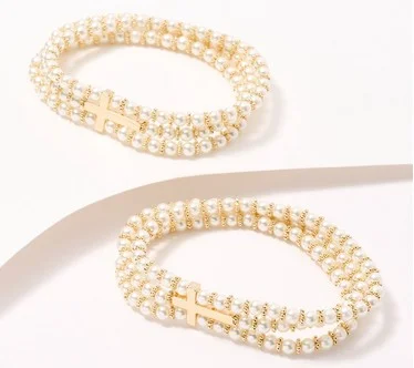 Faithful Heart S/2 Faux Pearl Bracelets with Cross by Valerie
