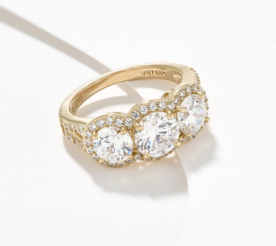Diamonique Classics 3-Stone Halo Ring, Sterling Silver