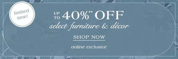 limited time! up to 40% off select furniture and decor, shop now, online exclusive